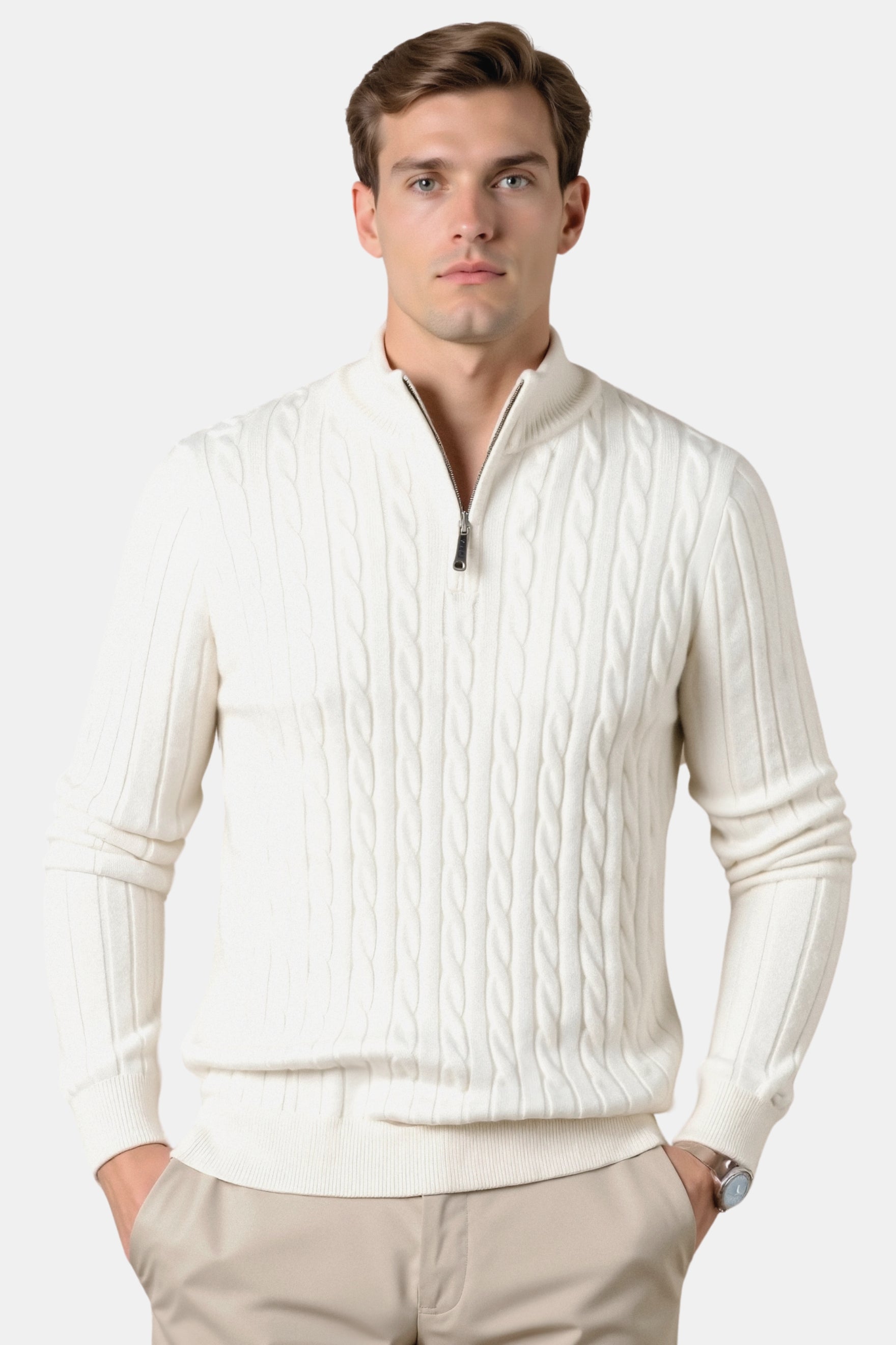 Herren Zopfmuster-Zip-Pullover – Stehkragen im Smart Luxury Stil