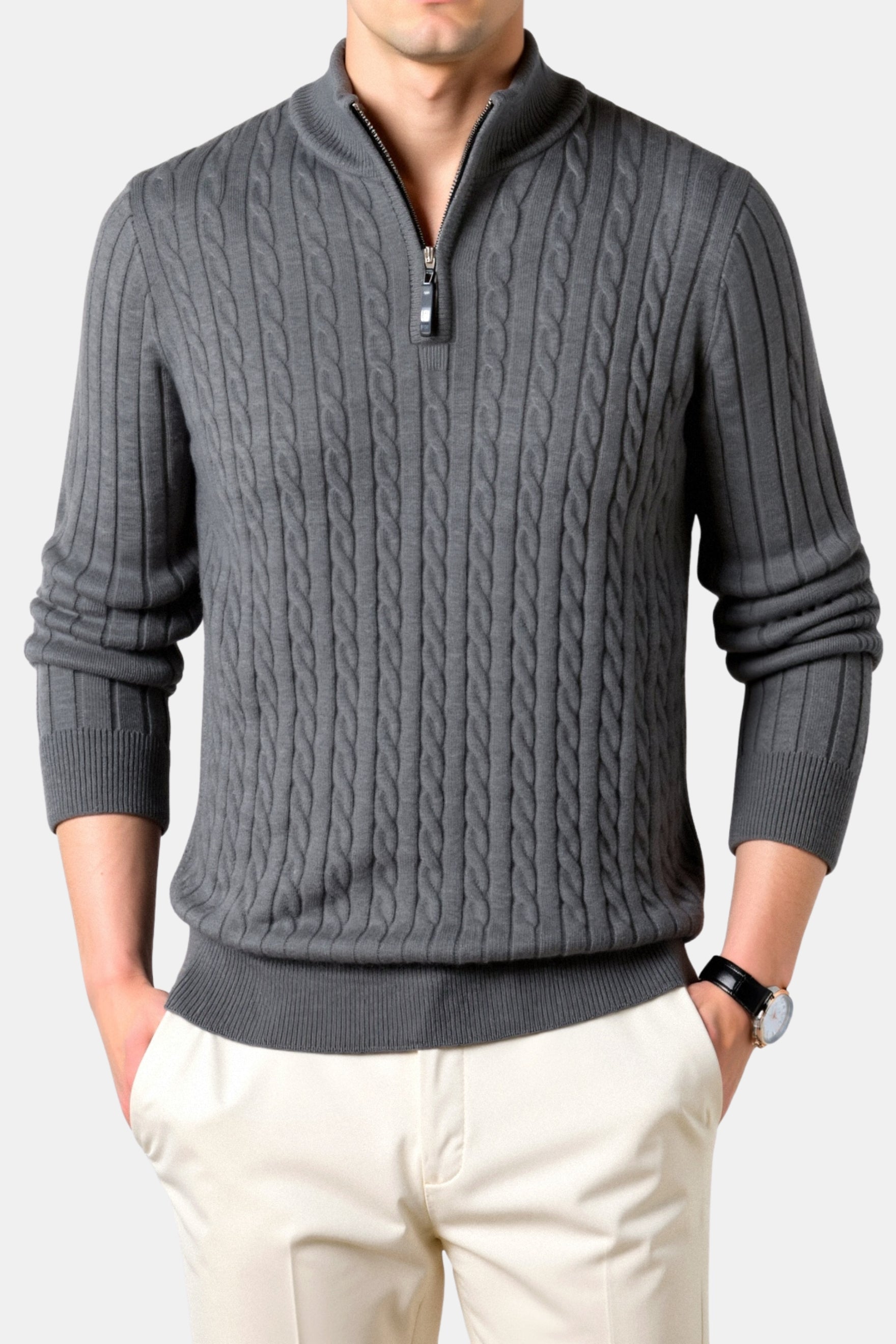 Herren Zopfmuster-Zip-Pullover – Stehkragen im Smart Luxury Stil