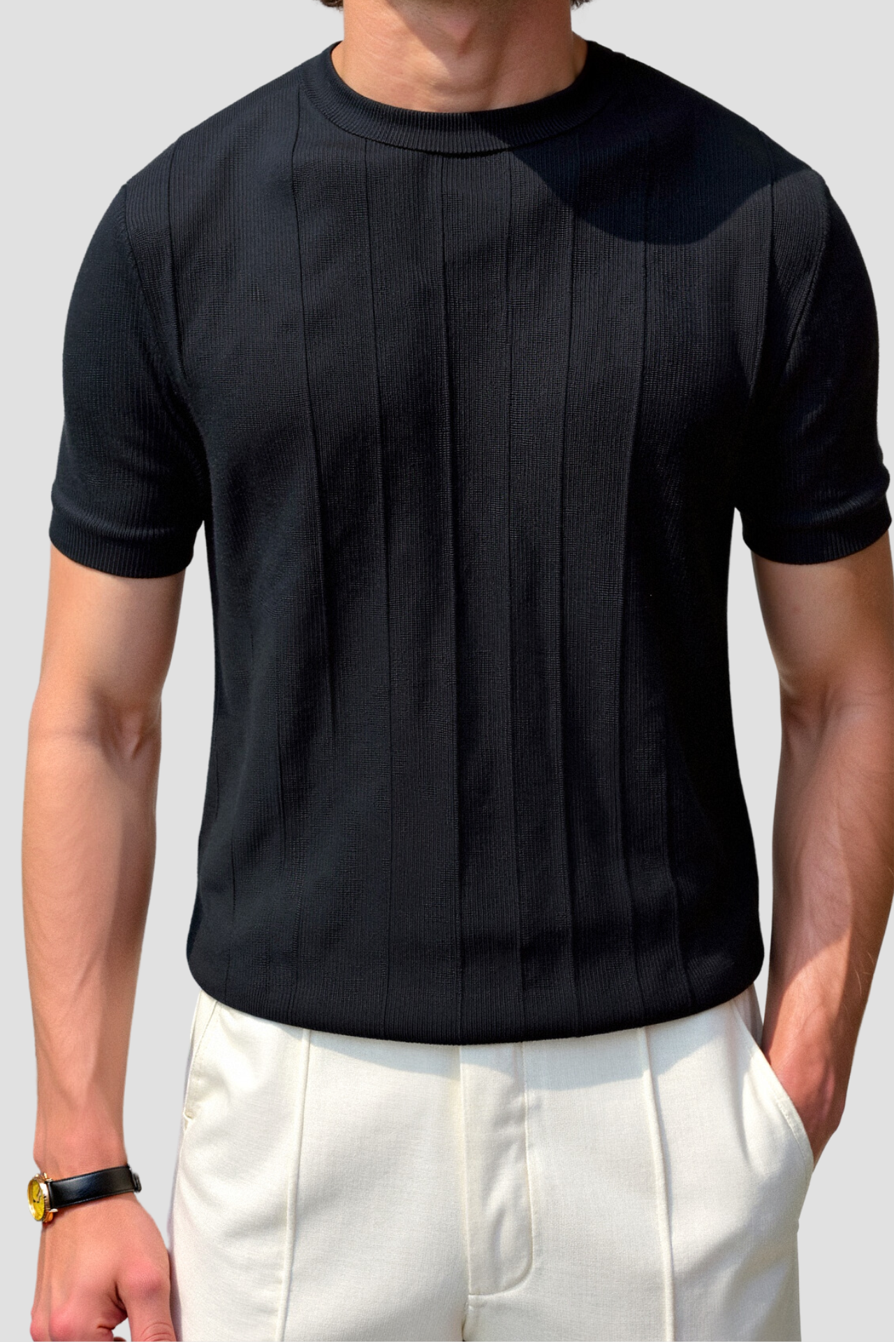 Old Money – Klassisches, schweres T-Shirt mit Rundhalsausschnitt und Streifen