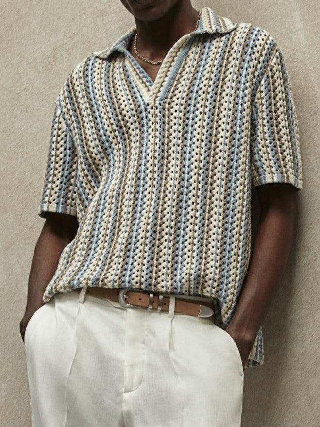 Herren Strickpolo – Lochstruktur & Johnny-Kragen im Old Money Stil