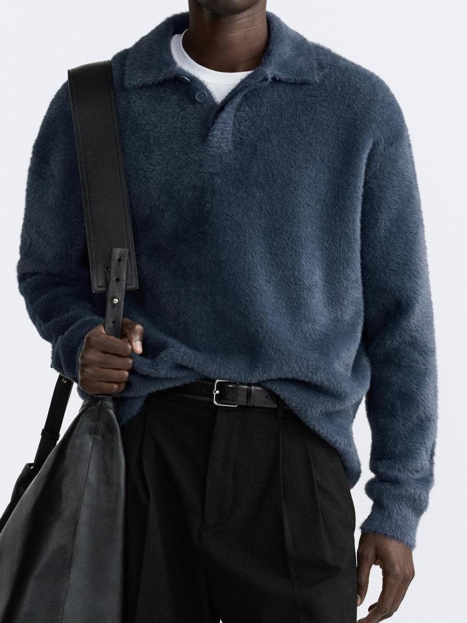 Old Money Strick-Poloshirt mit Kunstfellkragen