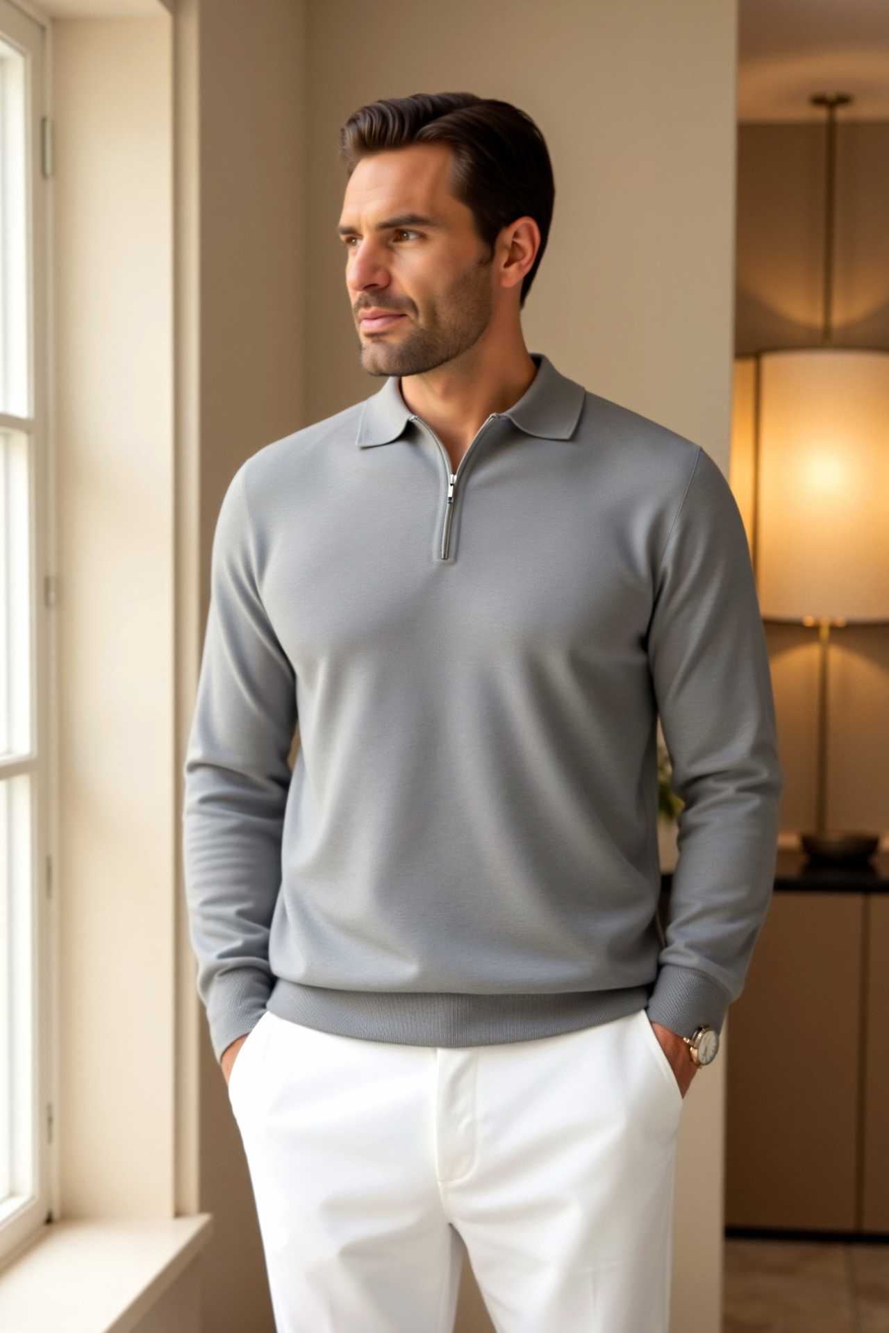 Smart Luxury Long Sleeve Zipper Polo T-shirt