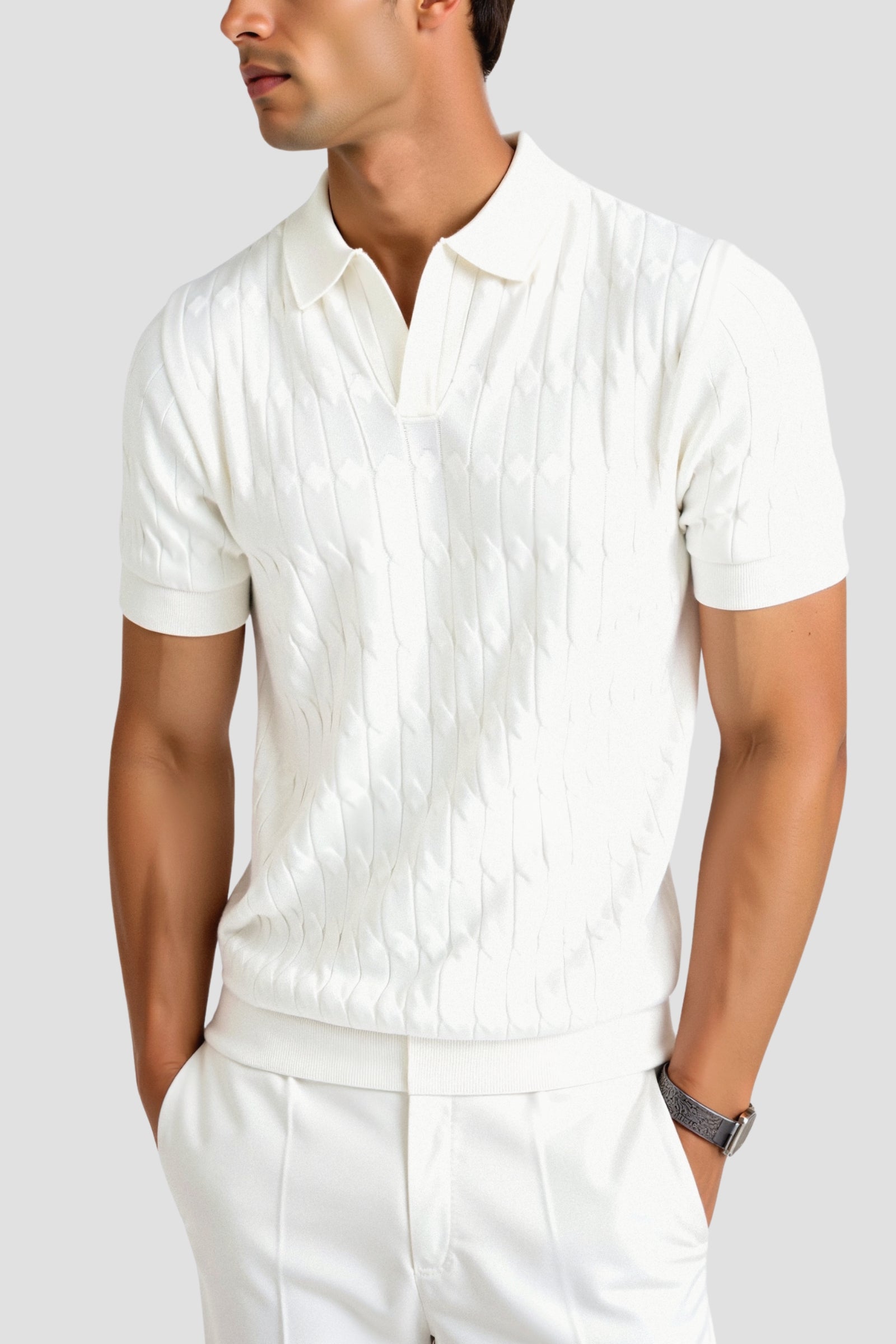 Old Money Premium V-Neck Cable Knit Polo T-Shirt